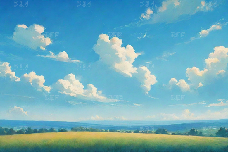 草原上明亮蓝天白云美景