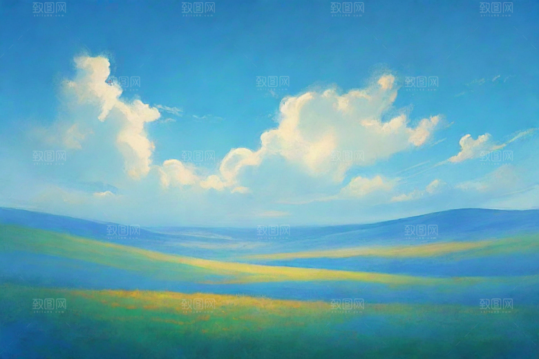 草原上明亮蓝天白云美景