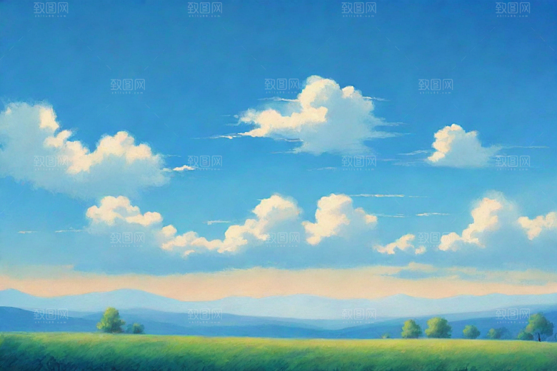 草原上明亮蓝天白云美景