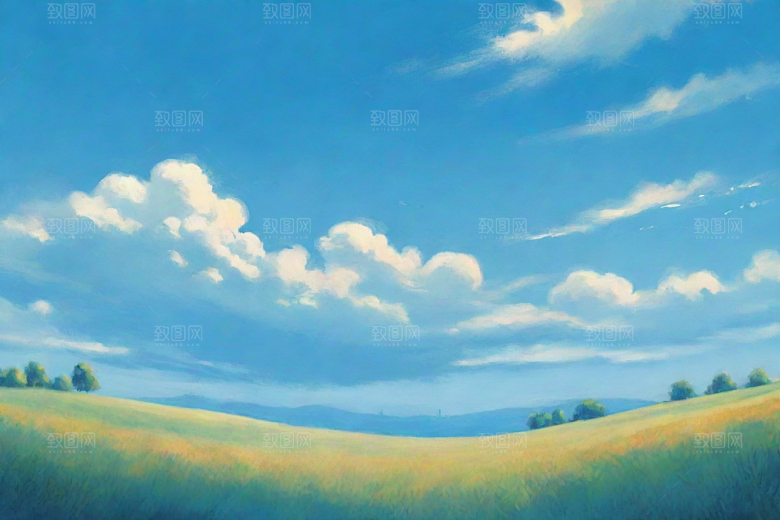草原上明亮蓝天白云美景