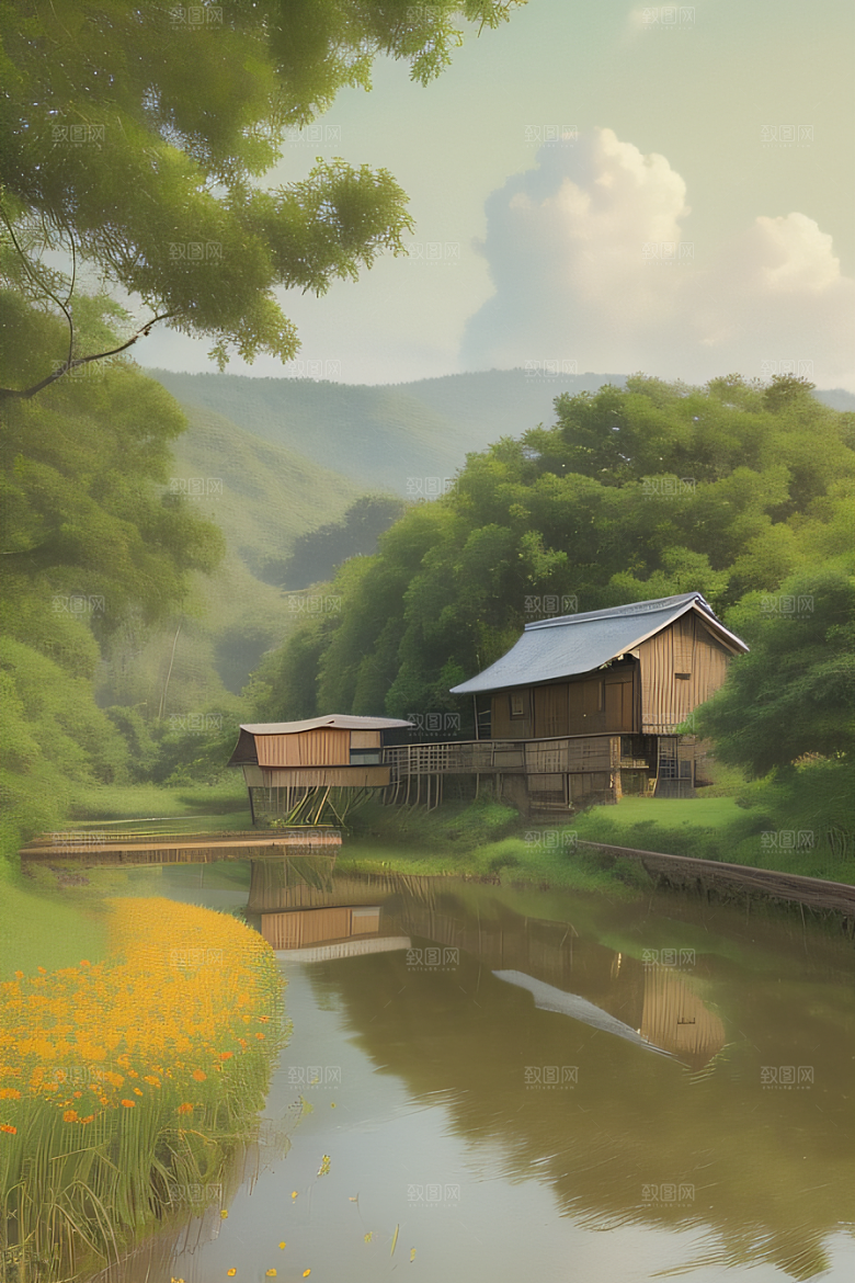 乡村印象农田与风车图画
