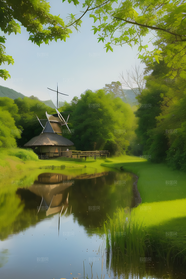 乡村印象农田与风车图画