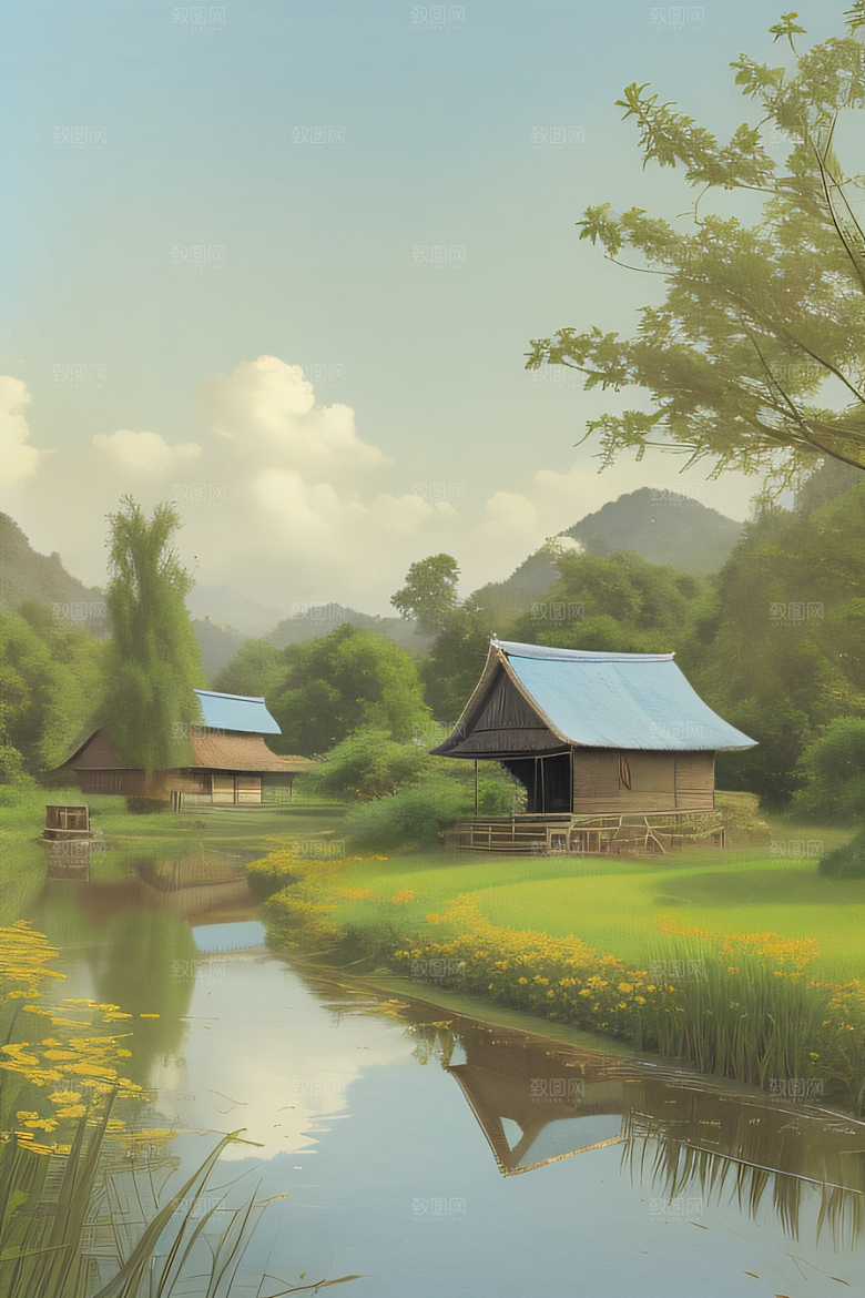 乡村印象农田与风车图画