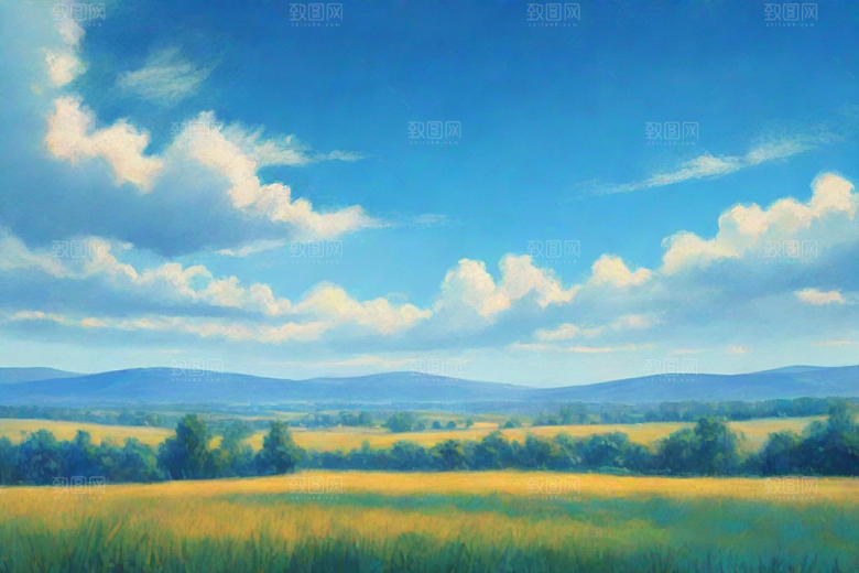 草原上明亮蓝天白云美景