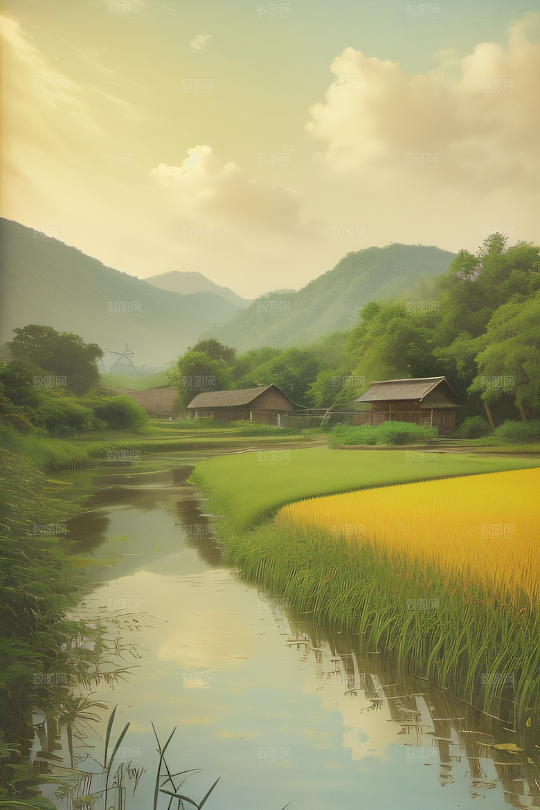 乡村印象农田与风车图画