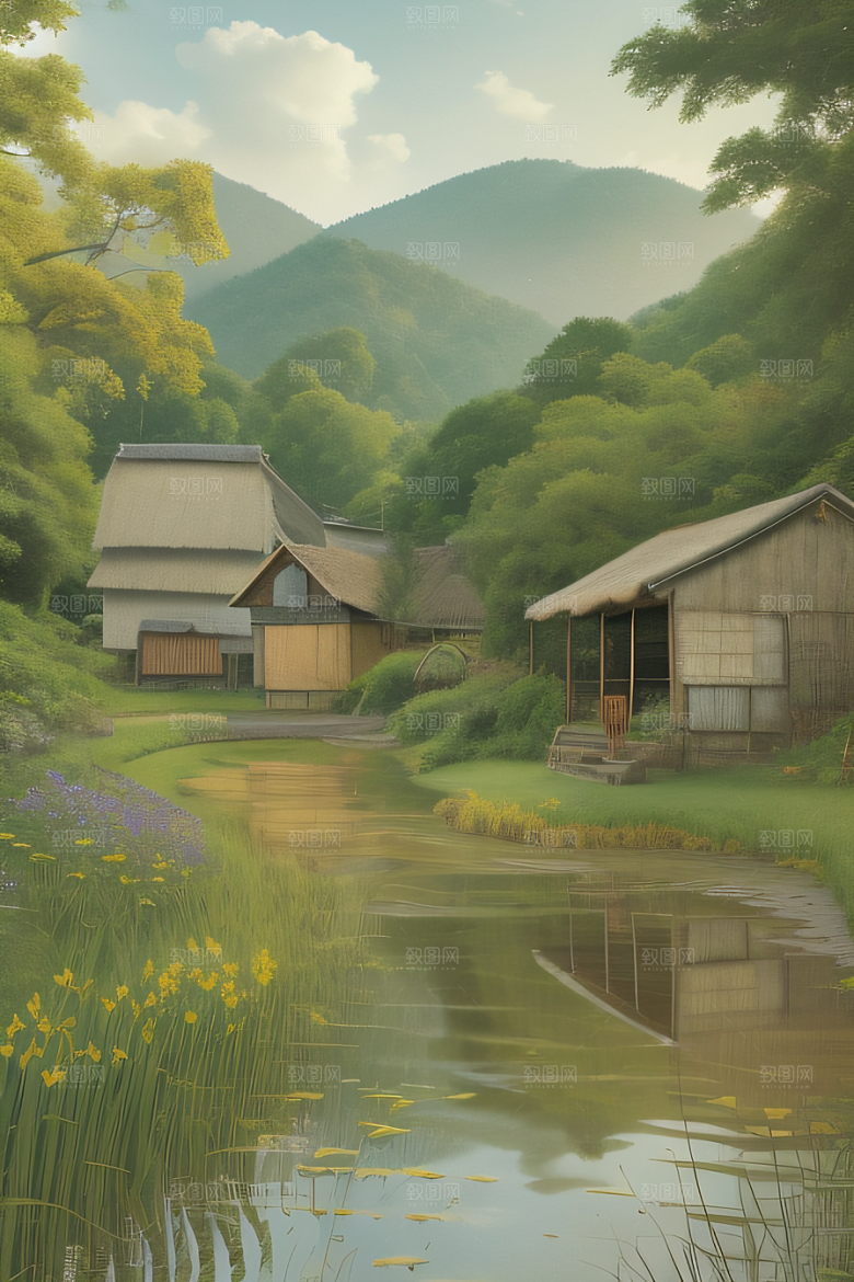 风车与小河乡村田园风景图画