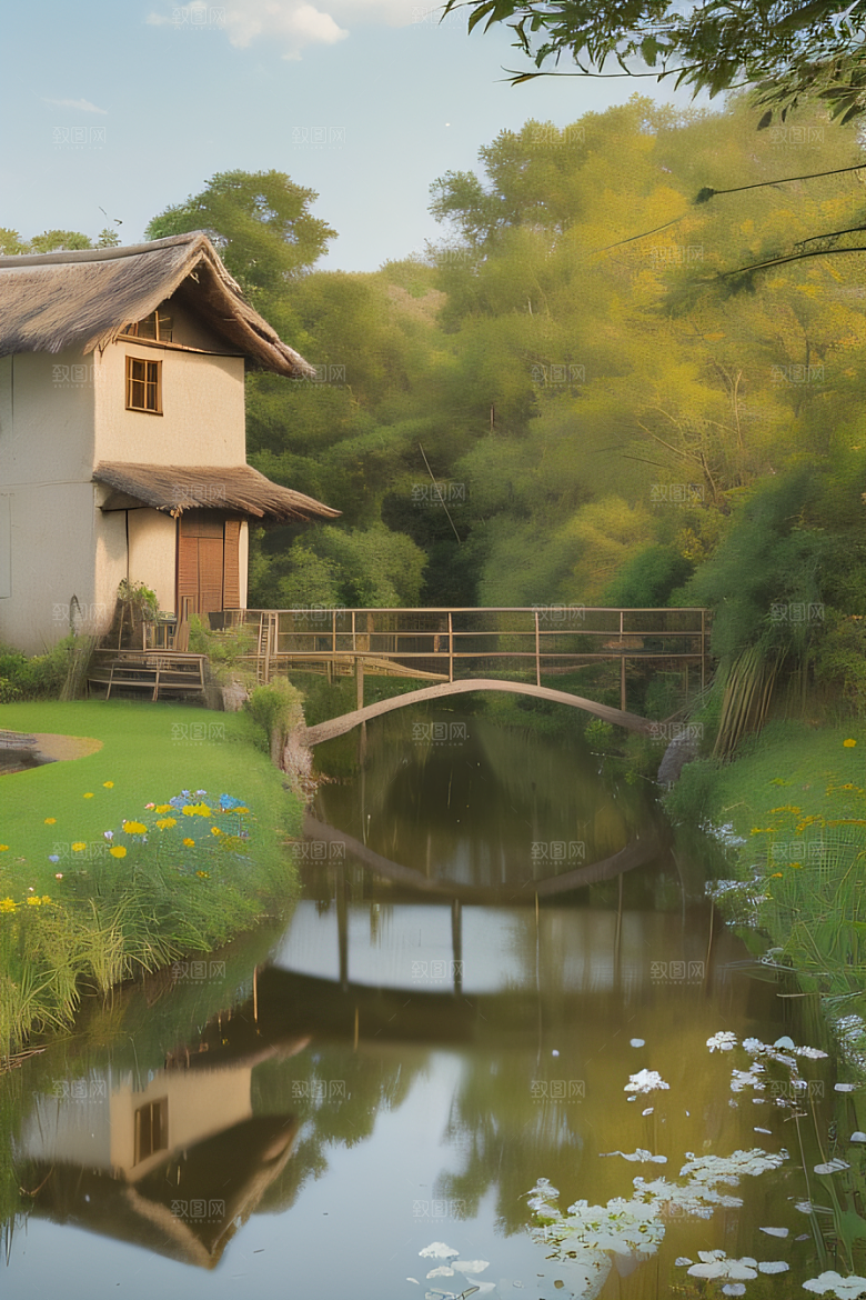 风车与小河乡村田园风景图画