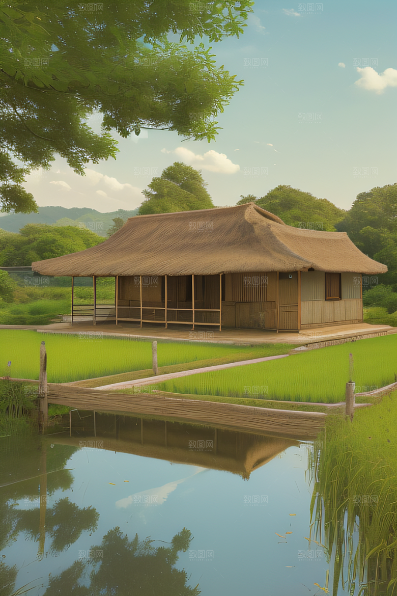 风车与小河乡村田园风景图画