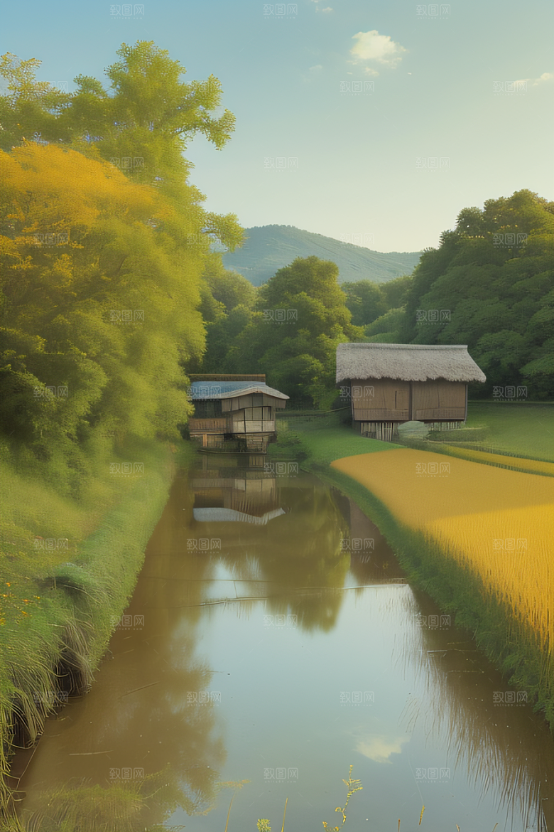 风车与小河乡村田园风景图画