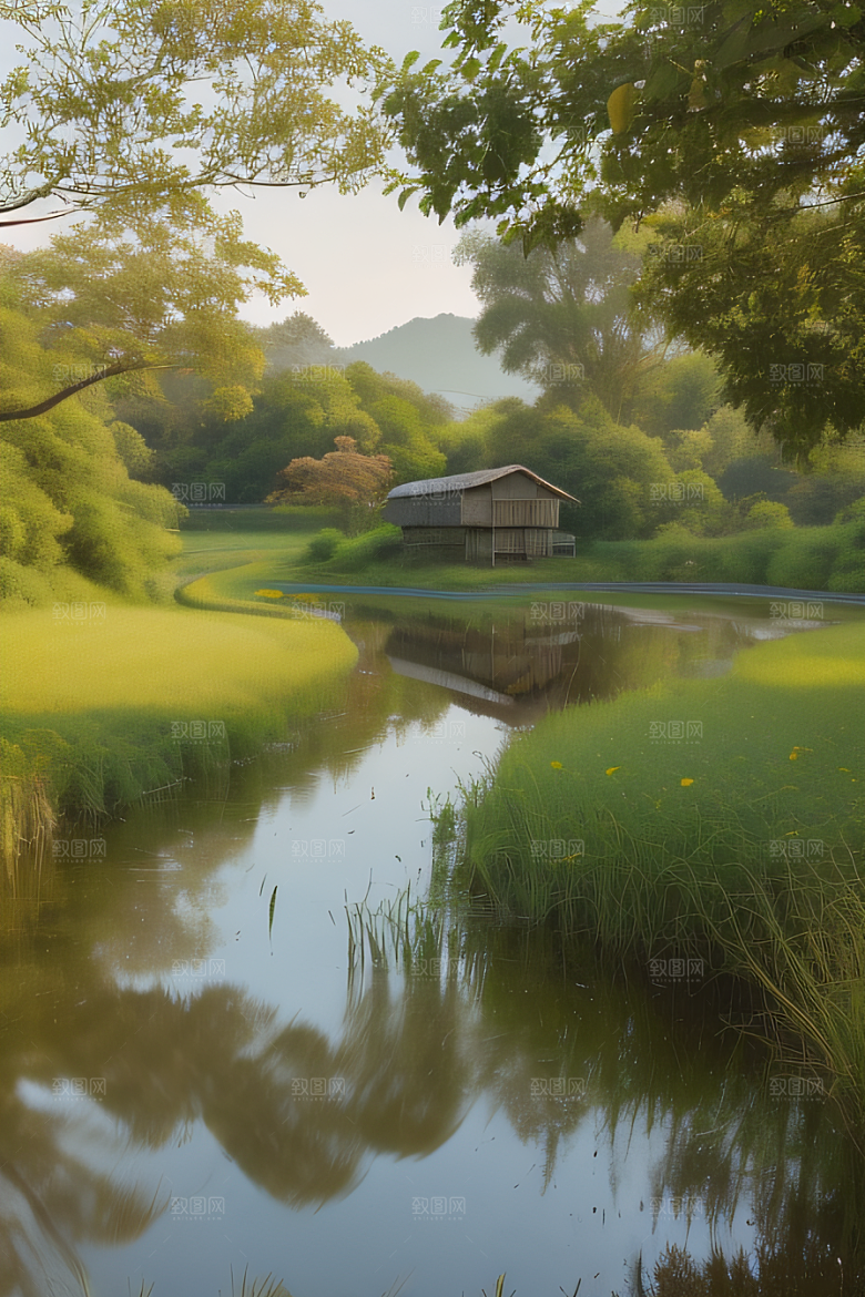风车与小河乡村田园风景图画