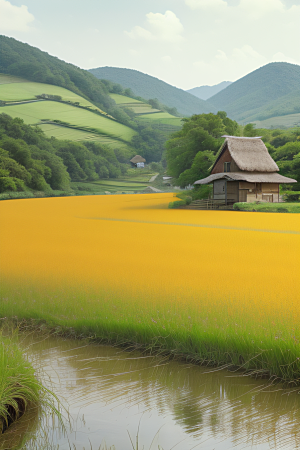 风车与小河乡村田园风景图画