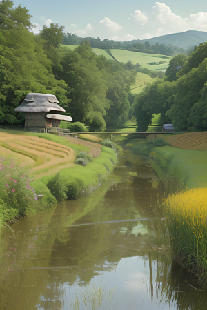 风车与小河乡村田园风景图画