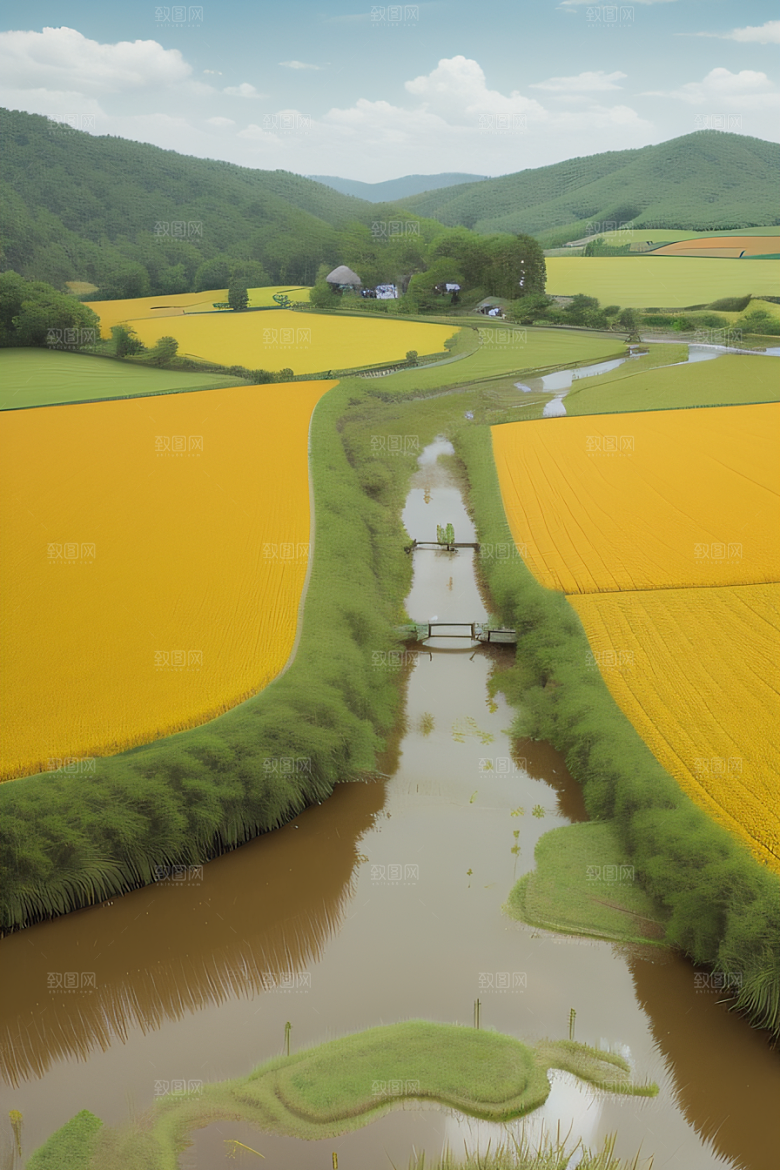 风车与小河乡村田园风景图画