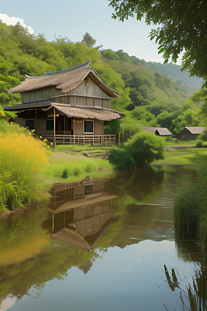 风车与小河乡村田园风景图画