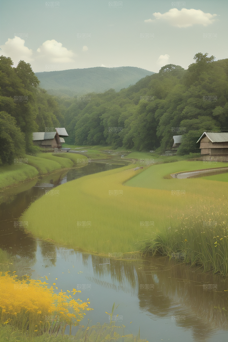 风车与小河乡村田园风景图画