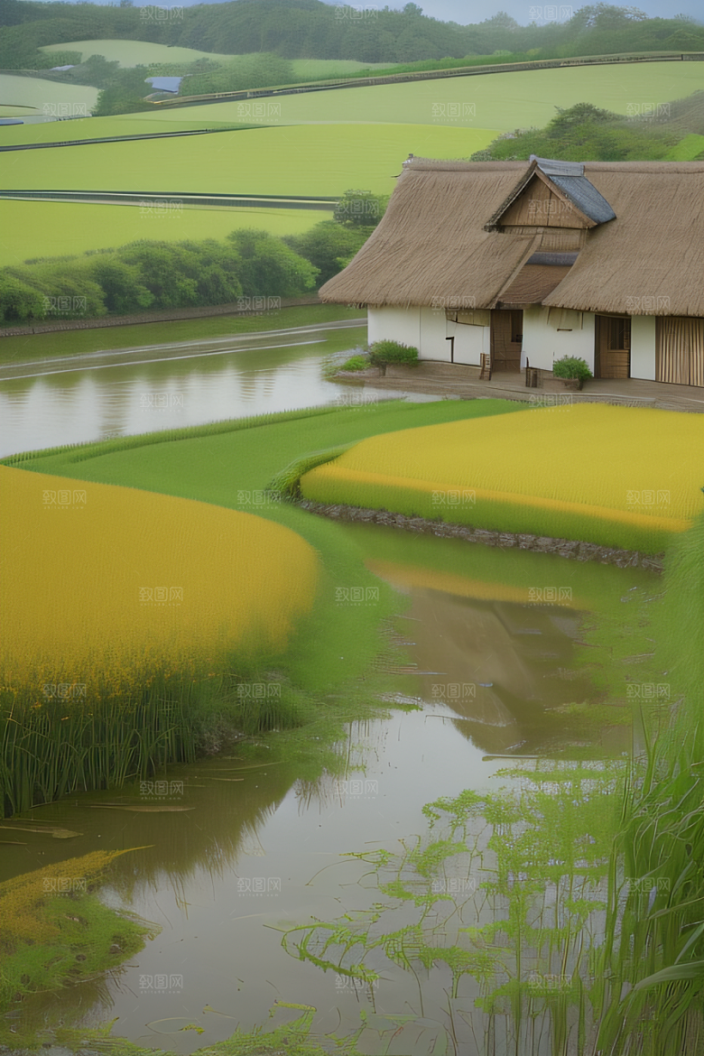 风车与小河乡村田园风景图画