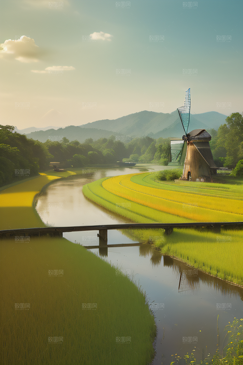 风车与小河乡村田园风景图画