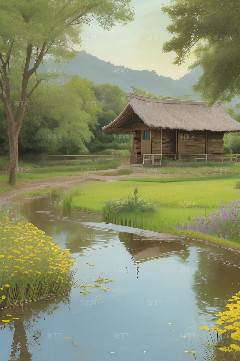 风车与小河乡村田园风景图画