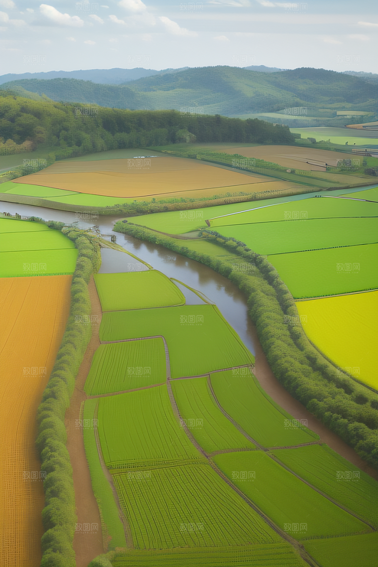 风车与小河乡村田园风景图画