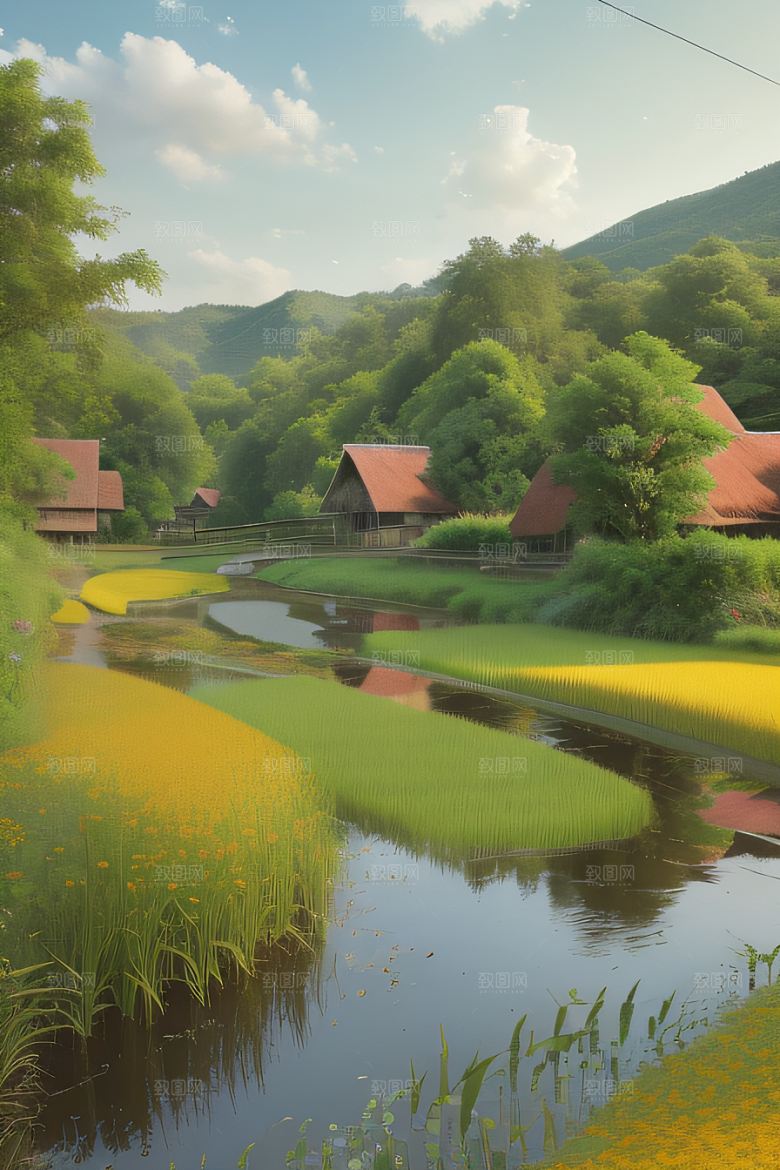 乡村印象农田与风车图画