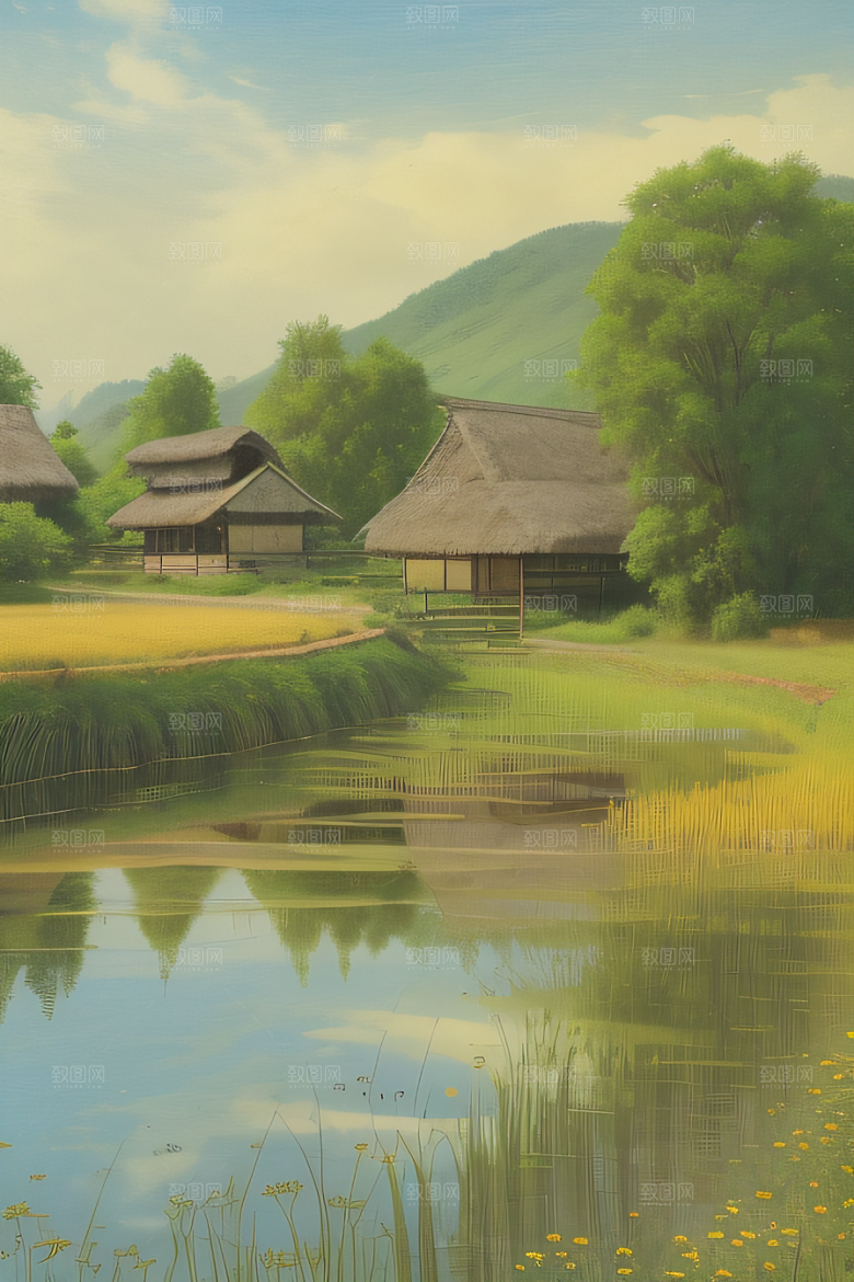 乡村印象农田与风车图画