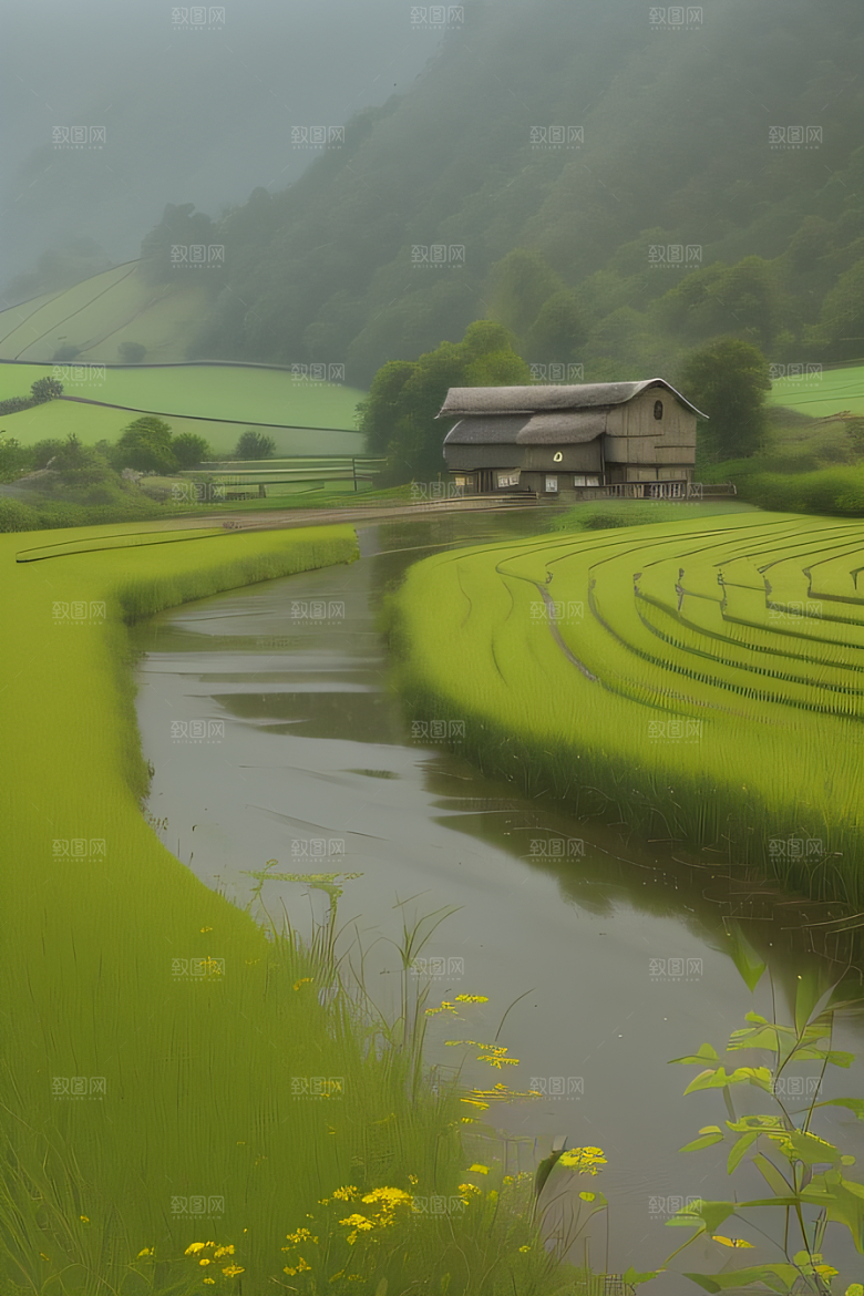 乡村印象农田与风车图画