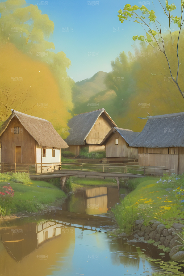 乡村印象农田与风车图画