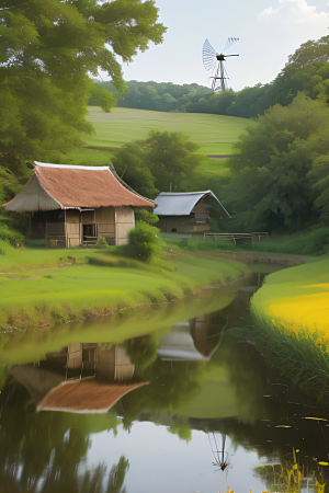 风车与小河乡村田园风景图画