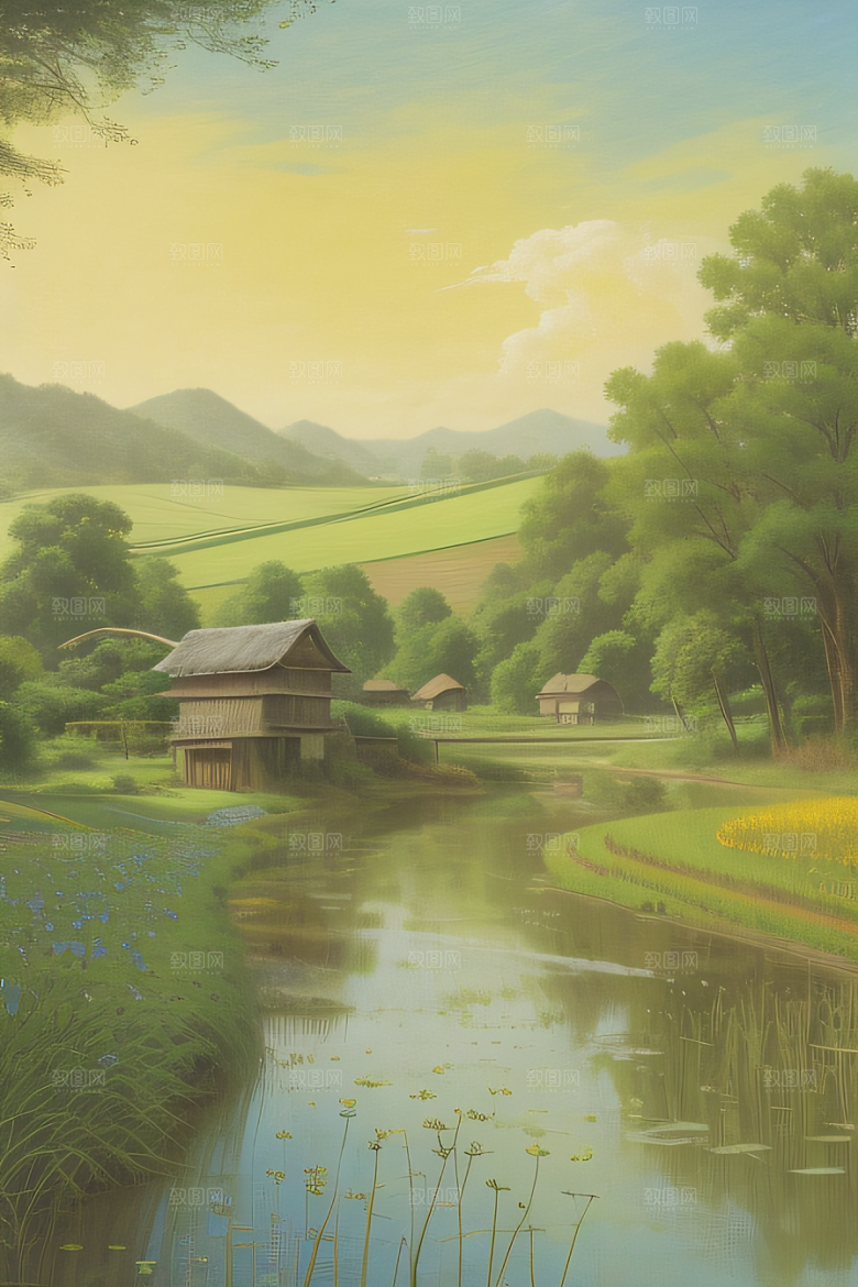 风车与小河乡村田园风景图画