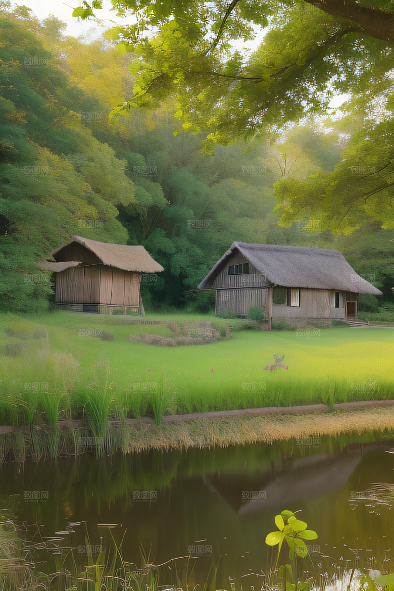 风车与小河乡村田园风景图画