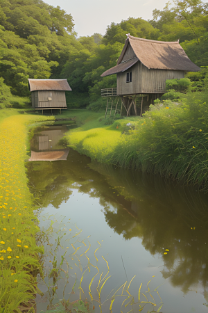 风车与小河乡村田园风景图画