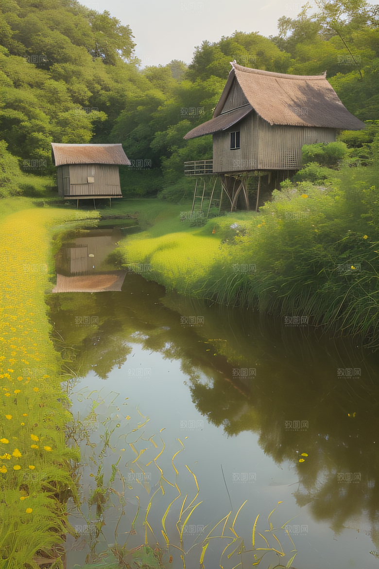 风车与小河乡村田园风景图画