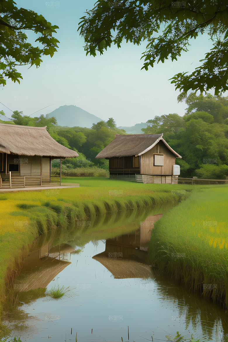 风车与小河乡村田园风景图画