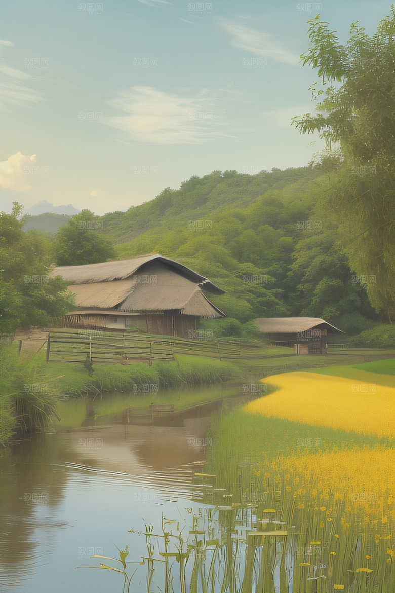 风车与小河乡村田园风景图画