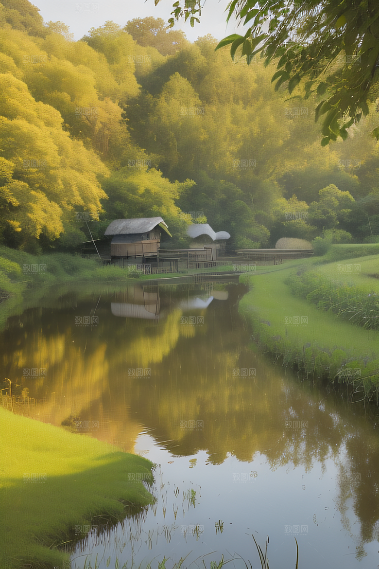 风车与小河乡村田园风景图画
