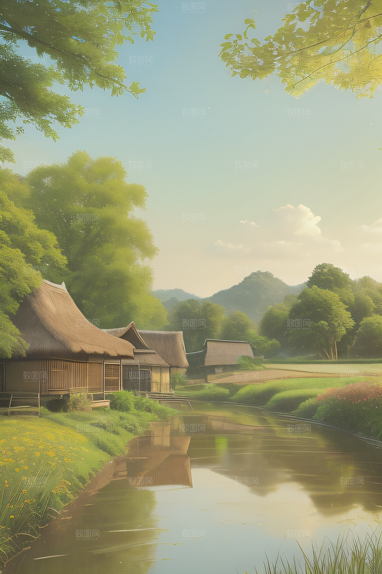 风车与小河乡村田园风景图画