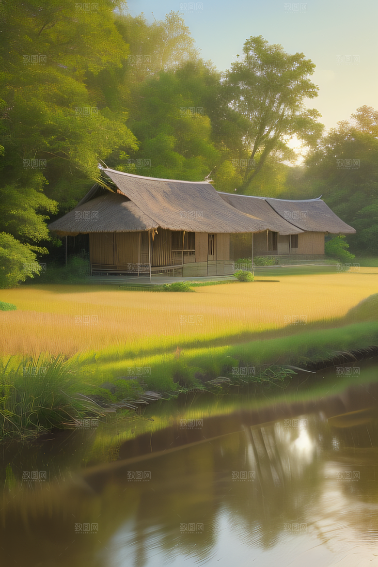 风车与小河乡村田园风景图画
