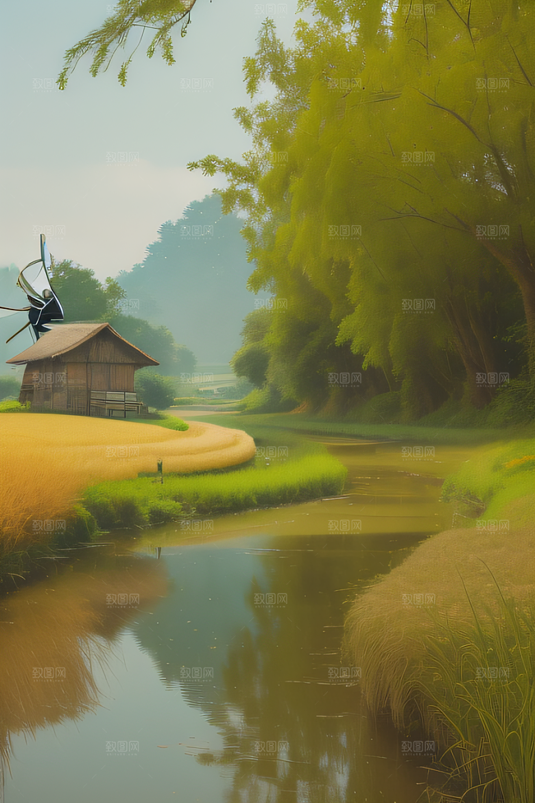 风车与小河乡村田园风景图画