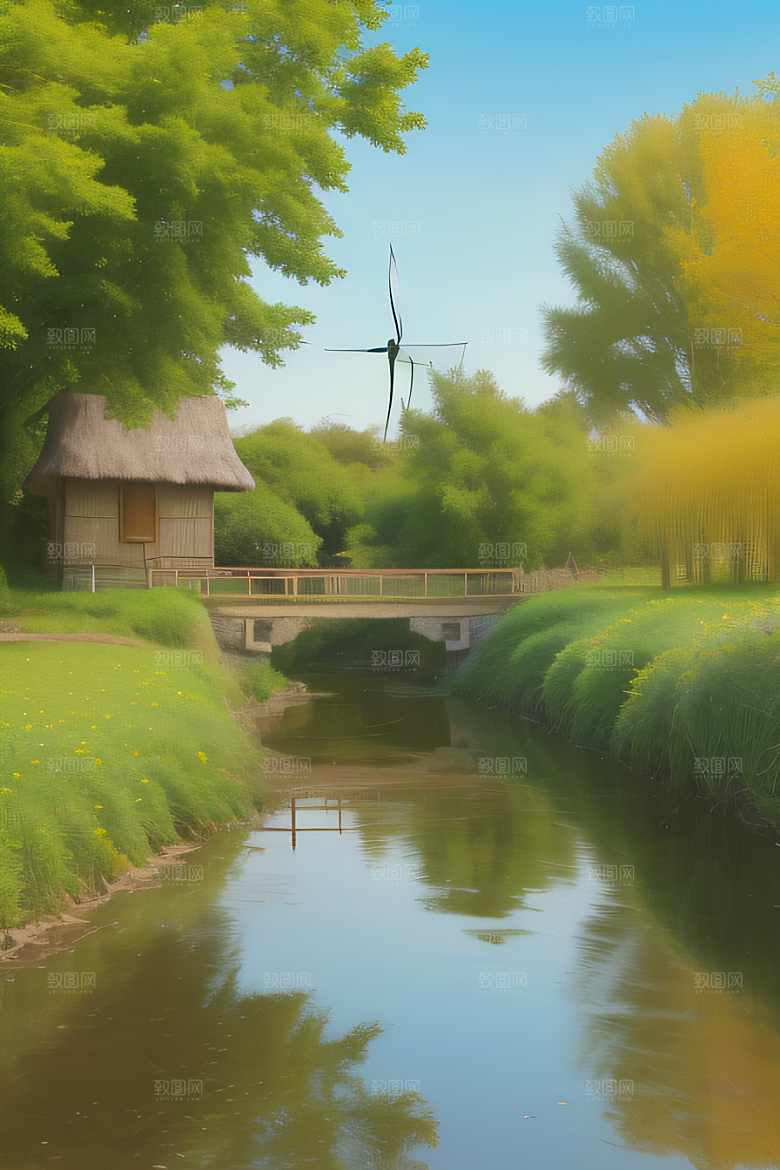 风车与小河乡村田园风景图画