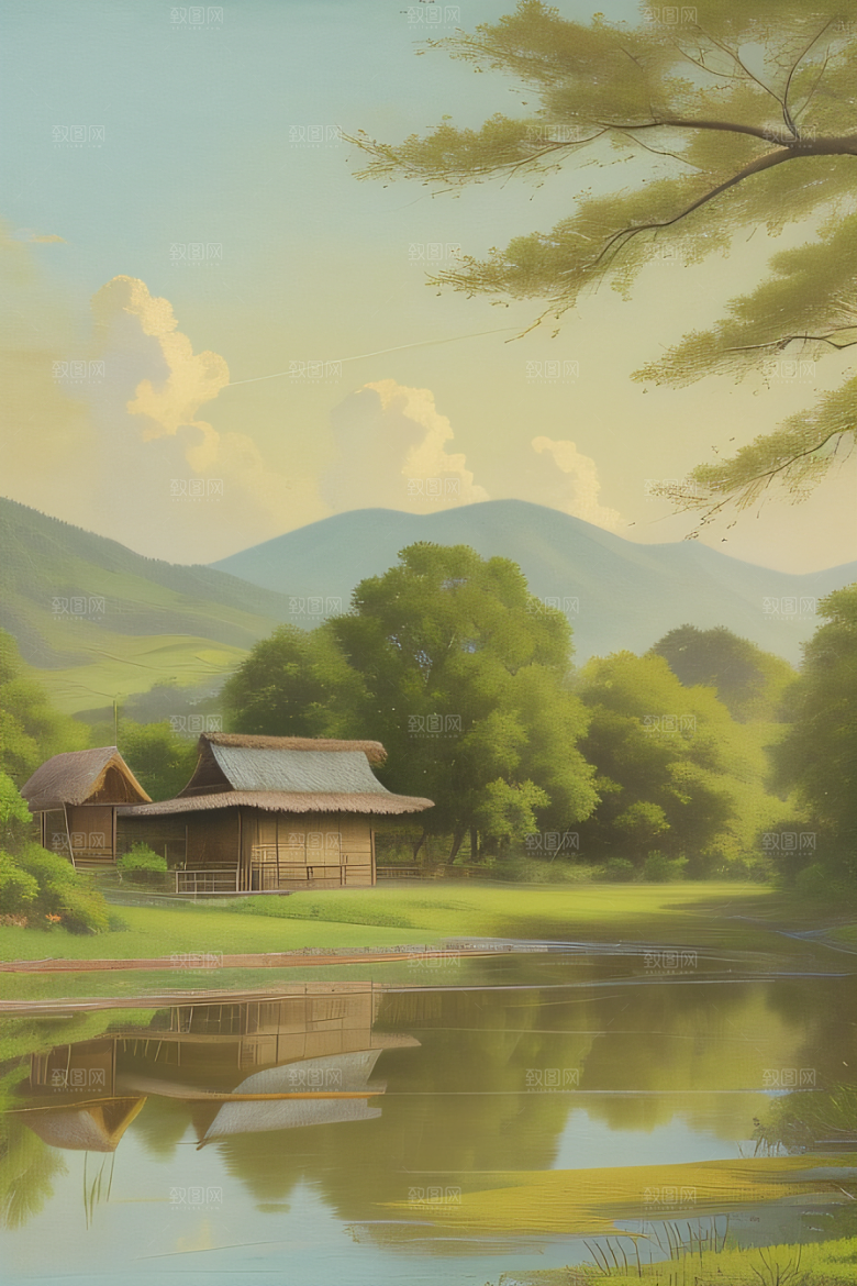 风车与小河乡村田园风景图画