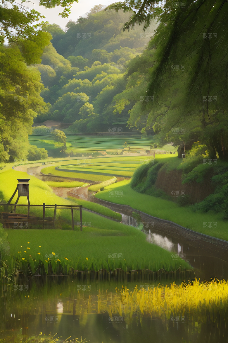 风车与小河乡村田园风景图画