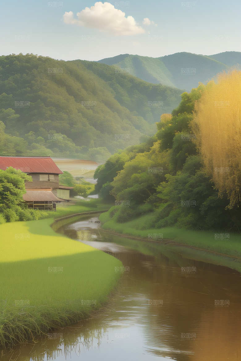 风车与小河乡村田园风景图画