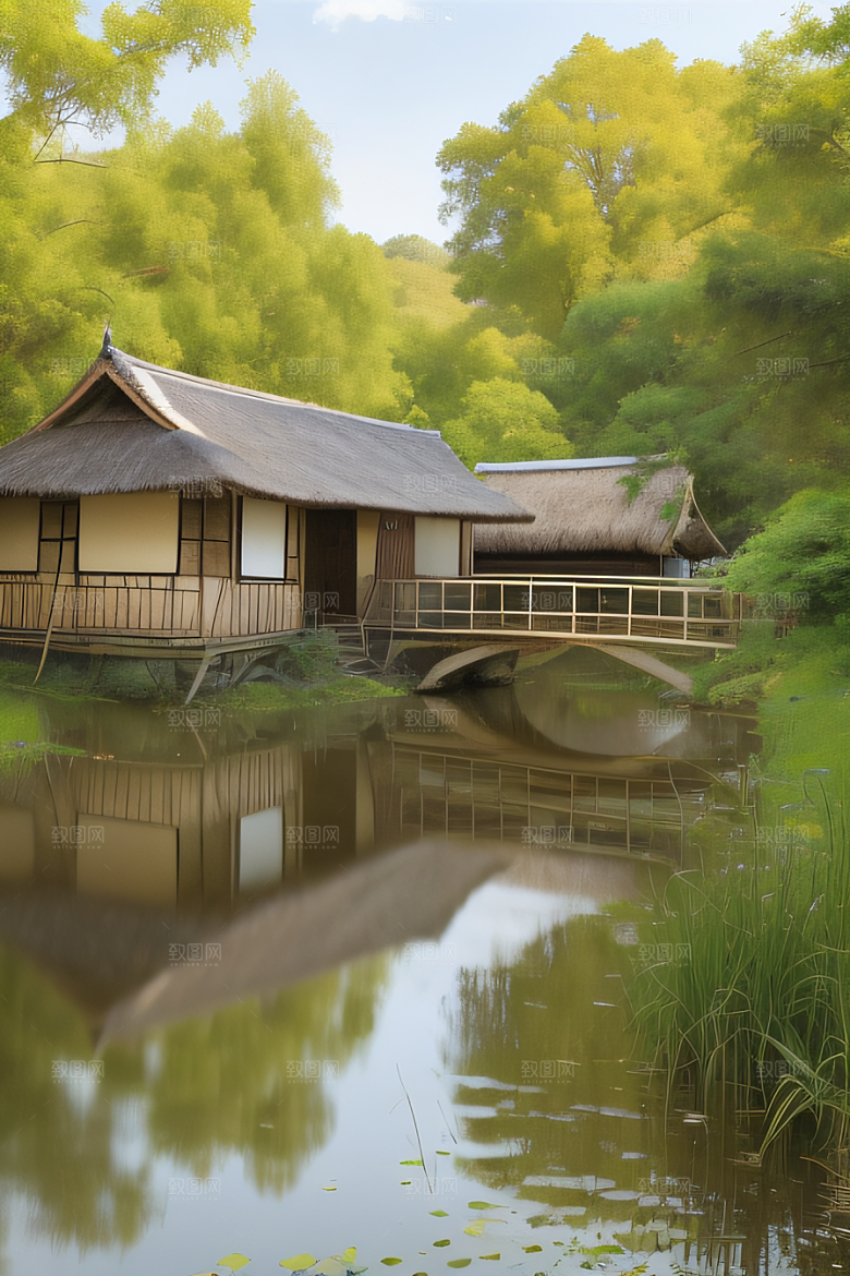 风车与小河乡村田园风景图画