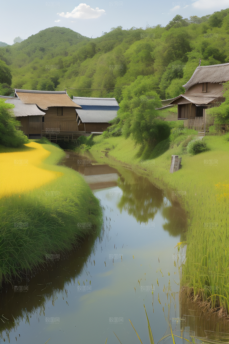 风车与小河乡村田园风景图画