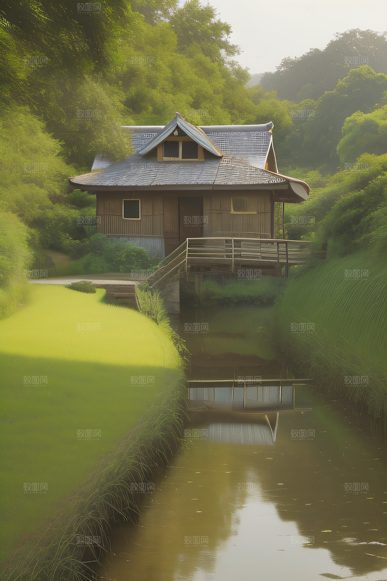 风车与小河乡村田园风景图画