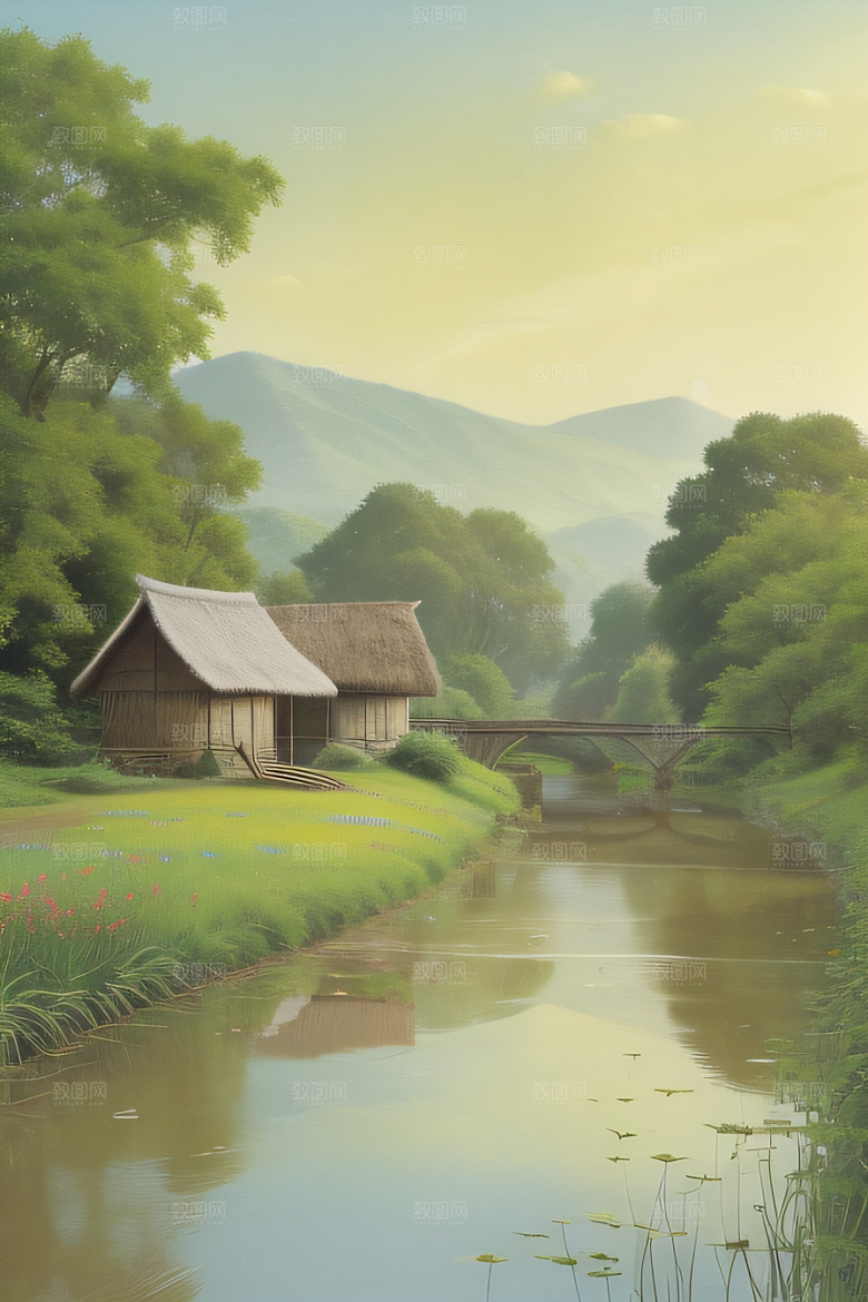 温馨乡村印象派乡村插画