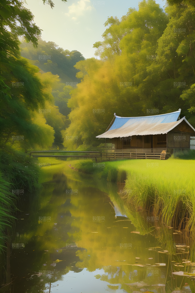 温馨乡村印象派乡村插画