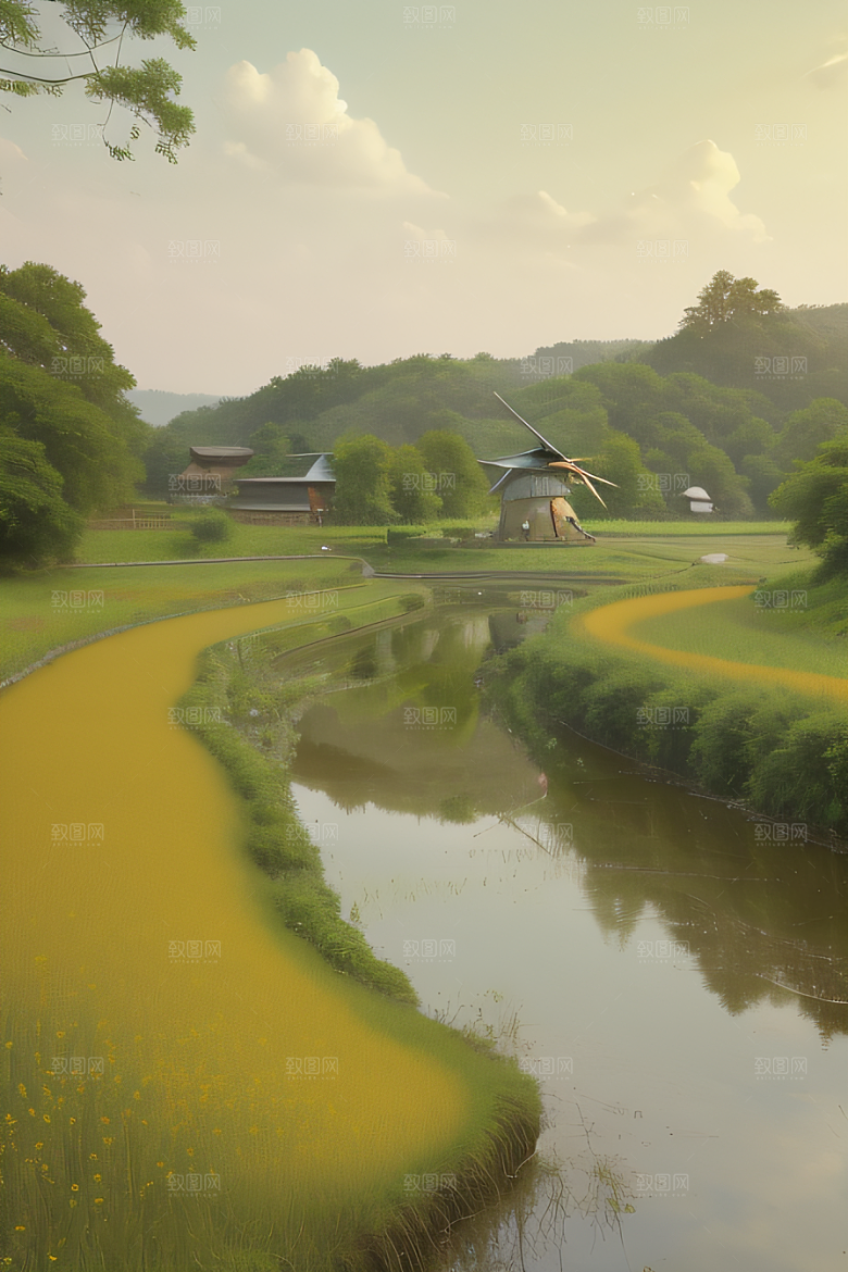 温馨乡村印象派乡村插画