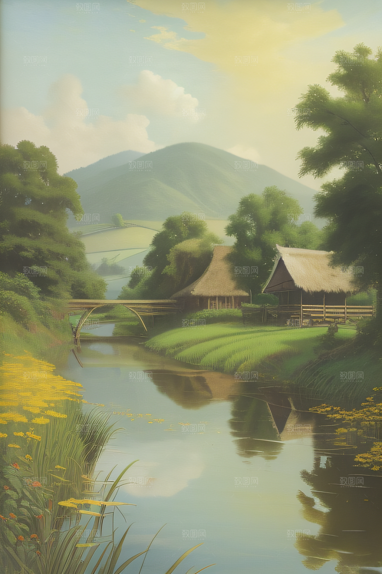 温馨乡村印象派乡村插画
