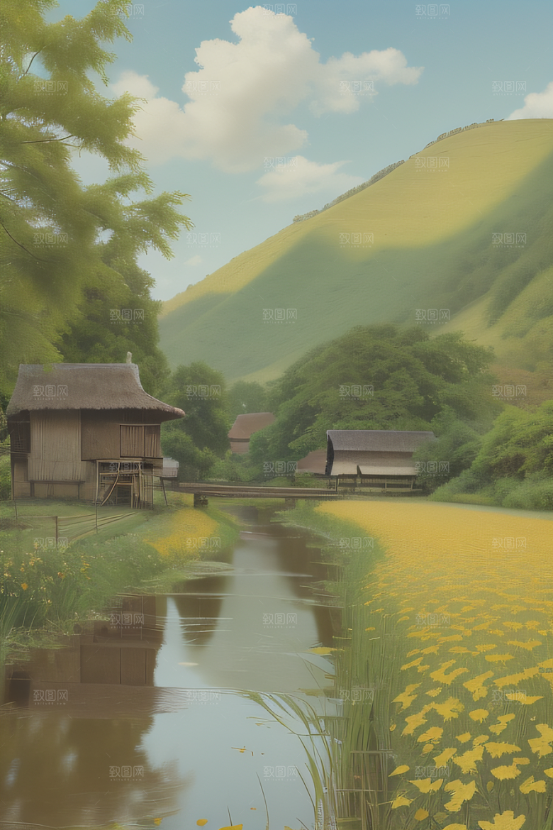 温馨乡村印象派乡村插画